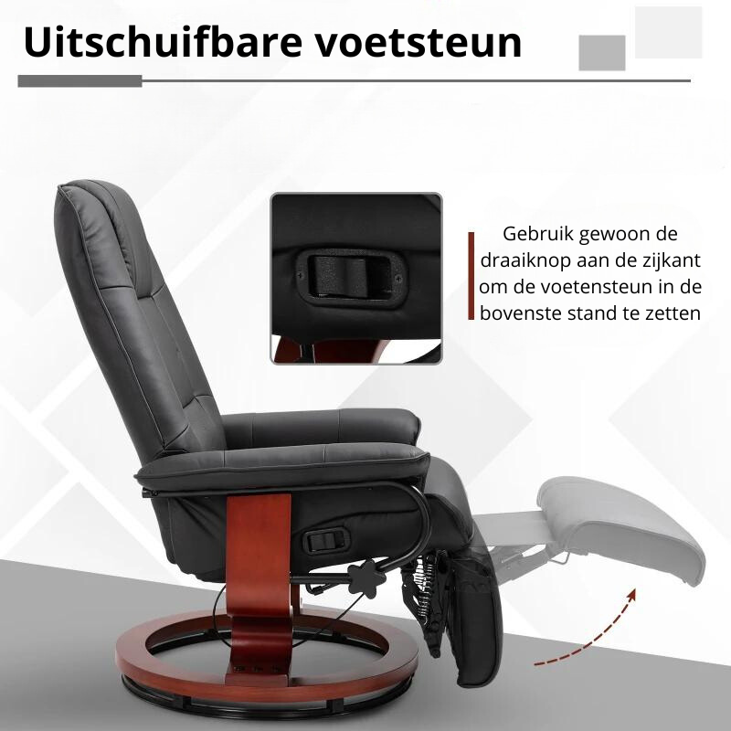 Nancy's Mayfield Relaxfauteuil - Ligstoel - Kunstleer - Voetensteun - Draaibaar - Kantelbaar - Hout - Zwart