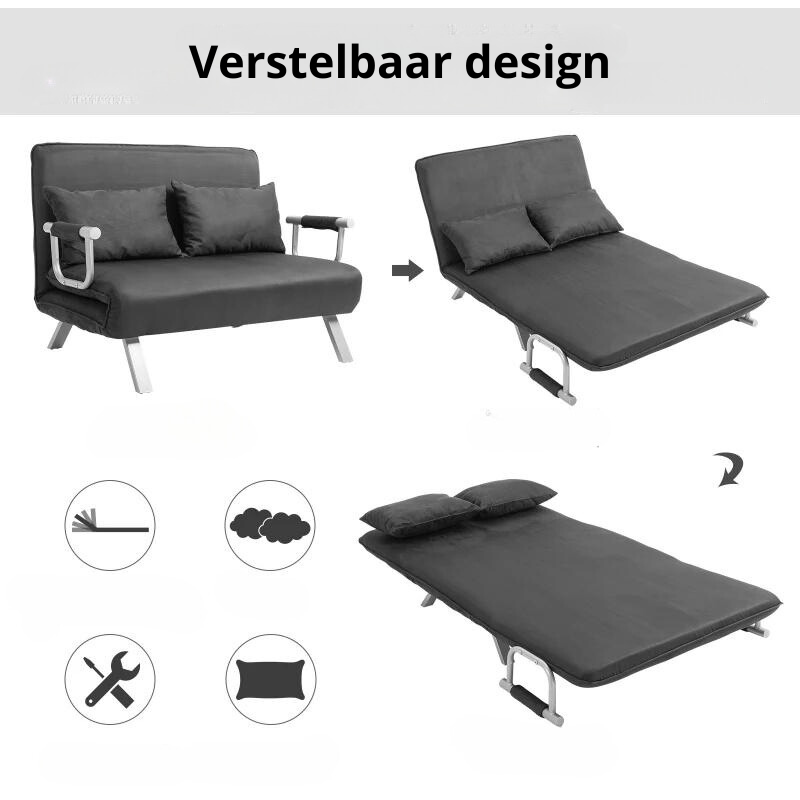 Nancy's Jaywick 2-zits zitbank - Slaapbank - Logeerbed - Grijs - Fluweel / Staal