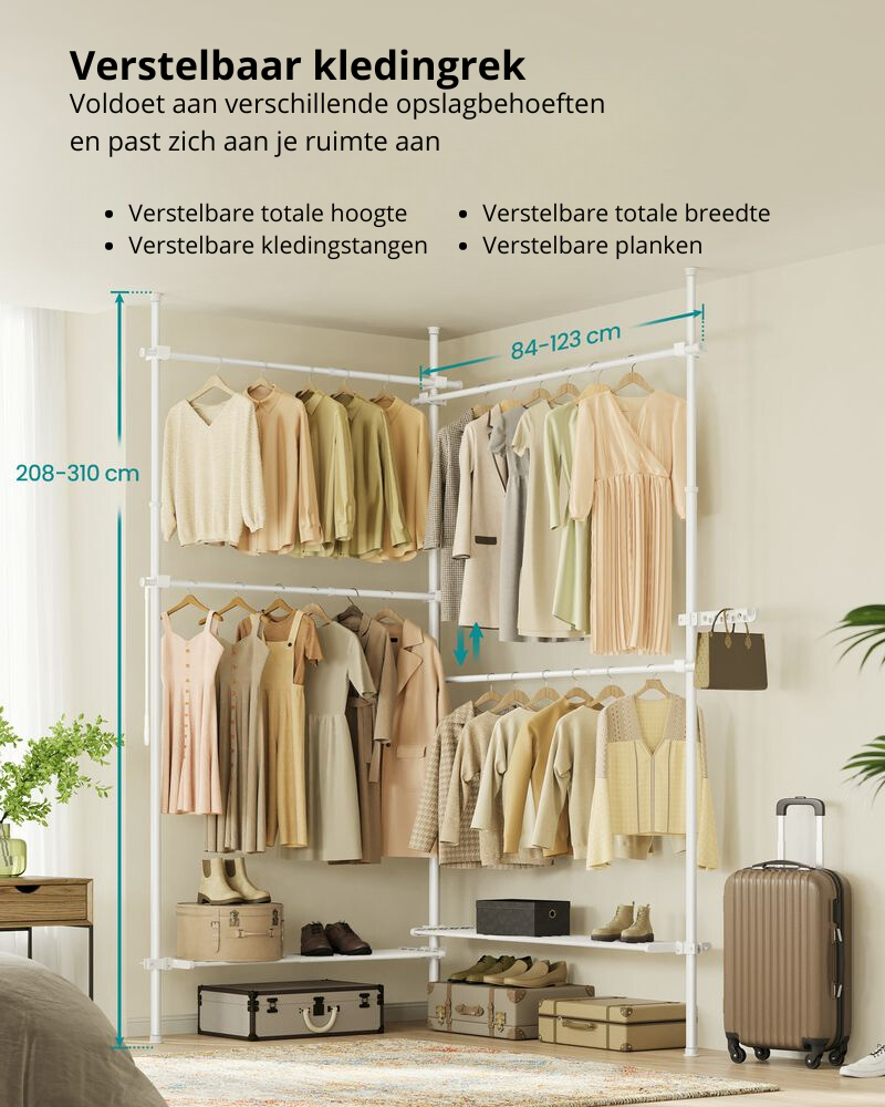 Nancy's Macieira Kledingrek - Kledingstang - Open Garderobe - Wit - Staal - Verstelbaar