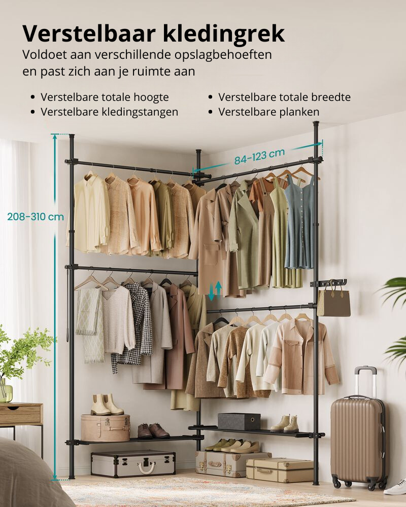 Nancy's Macieira Kledingrek - Kledingstang - Open Garderobe - Zwart - Staal - Verstelbaar