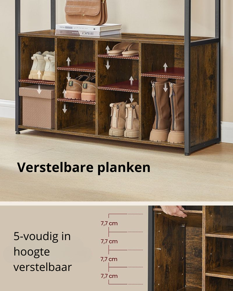 Nancy's Milagres Wandgarderobe - Garderobekast - Kapstok - Schoenenkast - Vintage Bruin / Zwart - ± 100 x 30 x 180 cm