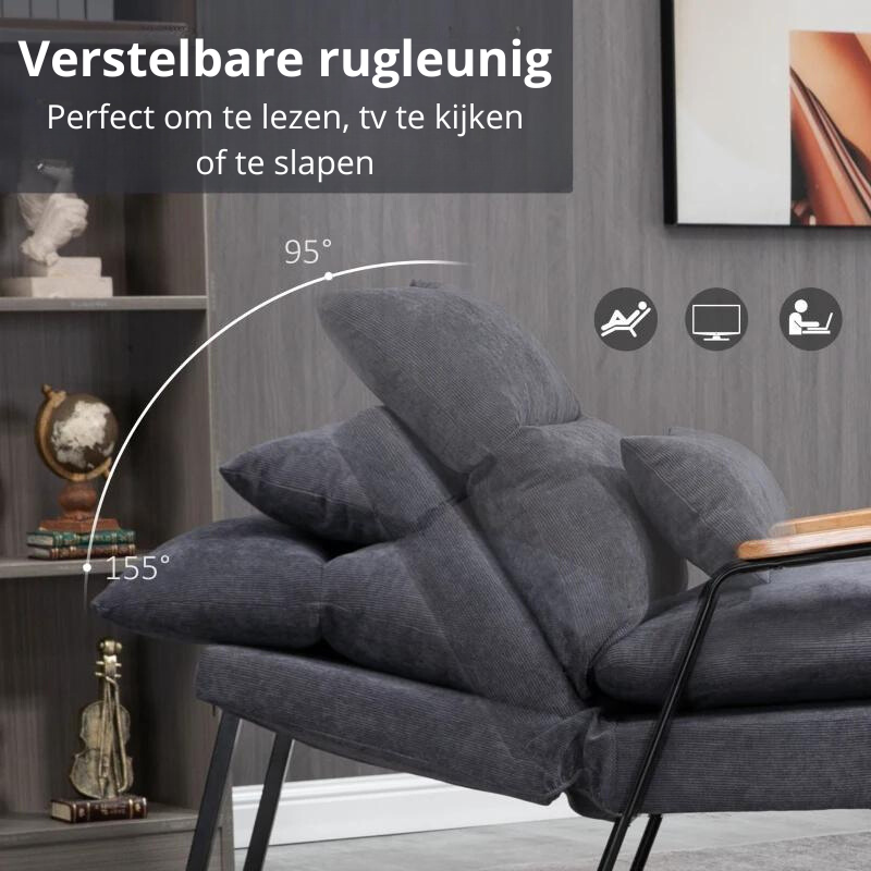 Nancy's Corvite Relaxfauteuil - Relaxstoel - Ligstoel - Verstelbaar - Met Voetenbankje - Grijs - Ribfluweel