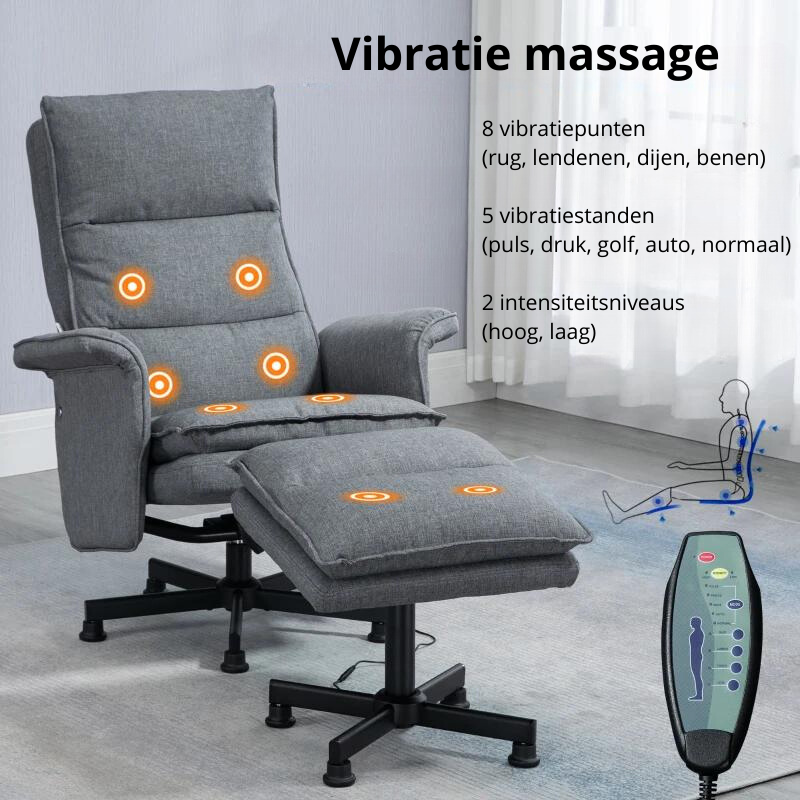 Nancy's Brito Massagestoel - Relaxfauteuil - Relaxstoel - Ligstoel - 8 vibrerende massagepunten - Grijs - Linnen / Staal