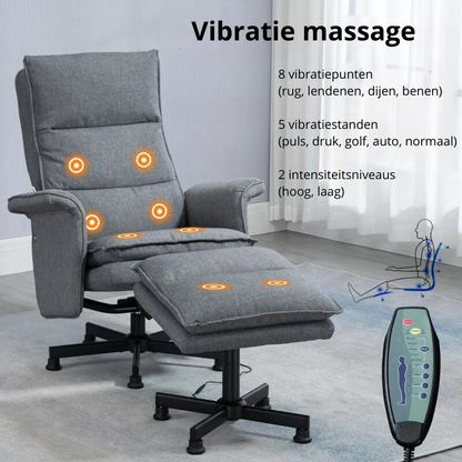 Nancy's Brito Massagestoel - Relaxfauteuil - Relaxstoel - Ligstoel - 8 vibrerende massagepunten - Grijs - Linnen / Staal