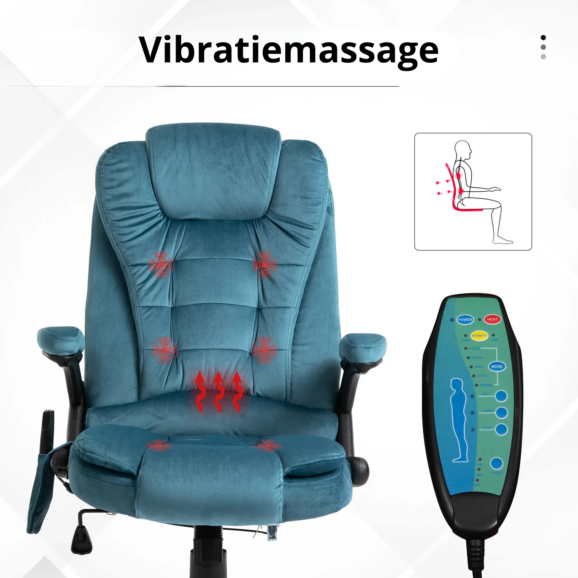 Nancy's Santana Massage Bureaustoel - Massagestoel met Verwarmingsfunctie - Draaibaar - Blauw - Fluweel