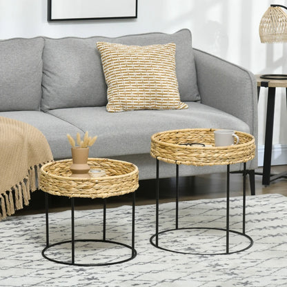 Nancy's Battipaglia Coffee Table Set - Side Table Set - Coffee Table - Wood / Black - Water Hyacinth / Steel