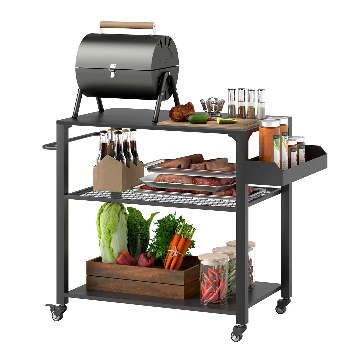 Nancy's Cissone Serveerwagen - Barbecuetrolley - Barbecuetafel - Trolley voor buiten - Zwart - Staal - ± 105 x 50 x 80 cm