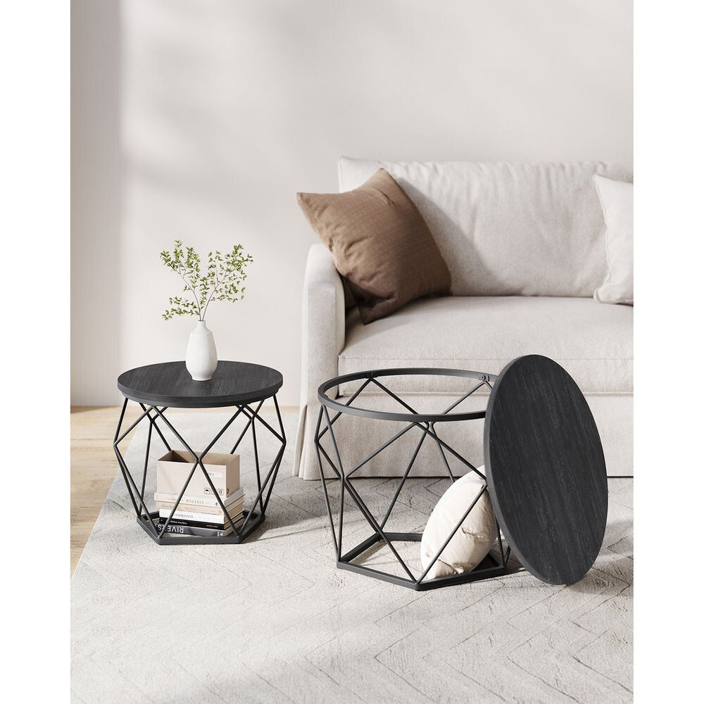 Nancy's Otley Salontafel Set Zwart - Bijzettafel - Staal - Spaanplaat - Modern - 50 x 40 cm Ø x H + 40 x 36 cm Ø x H