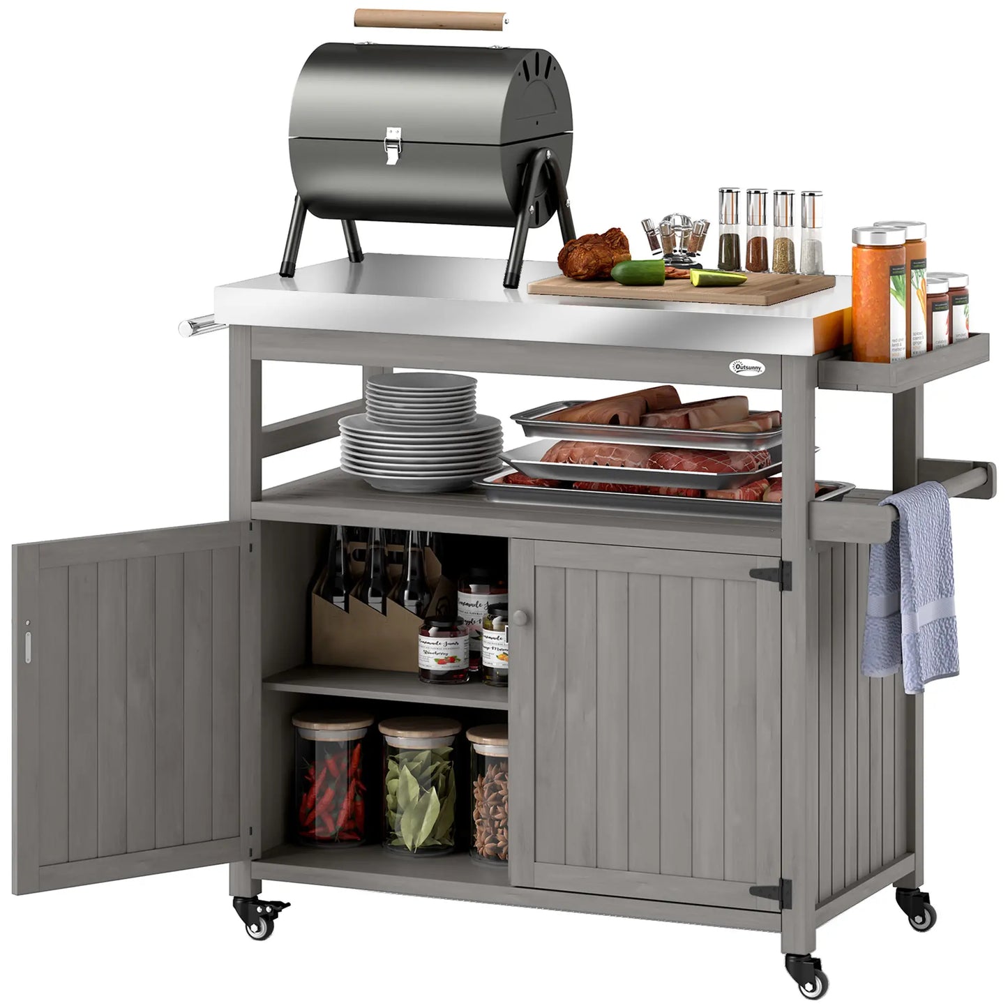 Nancy's Cisano Serveerwagen - Barbecuetrolley - Trolley voor buiten - Grijs - RVS / Dennenhout - ± 110 x 50 x 90 cm