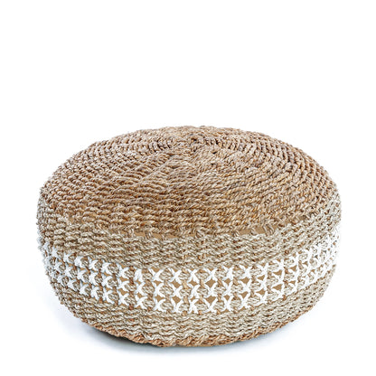 Bazar Bizar Macrame Poef - Naturel - Wit - Seagrass - 60 x 60 x 35 cm