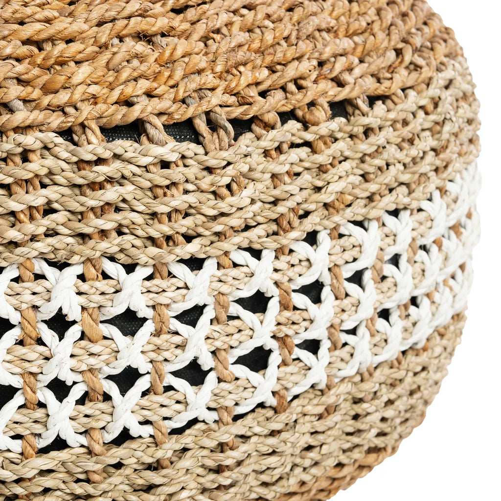 Bazar Bizar Macrame Poef - Naturel - Wit - Seagrass - 60 x 60 x 35 cm