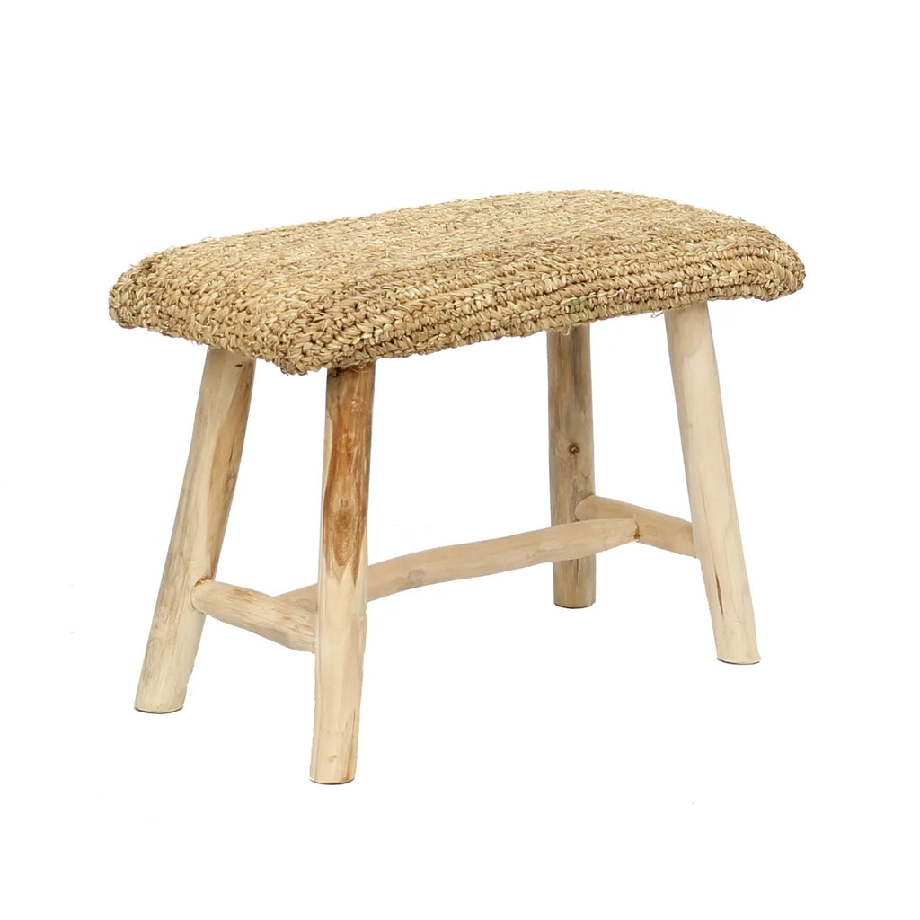 Bazar Bizar Raffia Bank - Kruk - Naturel - Teak hout - ± 60 x 30 x 45 cm