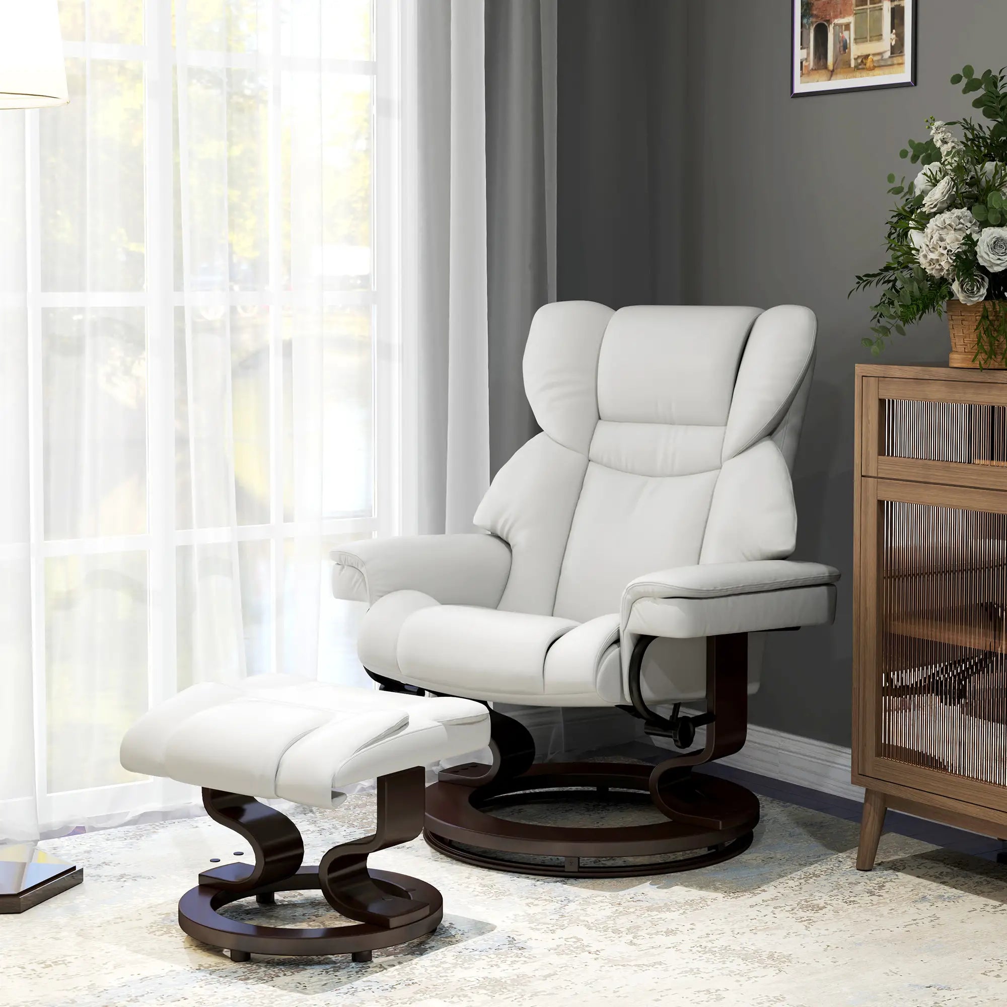 Nancy's Formoso Relaxfauteuil met Hocker - Relaxstoel - Loungestoel - Ligstoel - Roomwit - Kunstleer