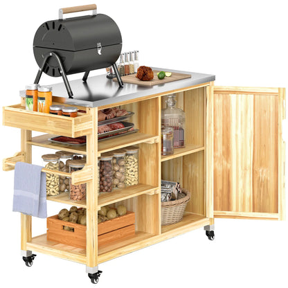 Nancy's Ciro Serveerwagen - Barbecuetrolley - Trolley voor buiten - Staal / Dennenhout - ± 135 x 50 x 90 cm