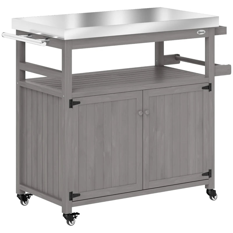 Nancy's Cisano Serveerwagen - Barbecuetrolley - Trolley voor buiten - Grijs - RVS / Dennenhout - ± 110 x 50 x 90 cm