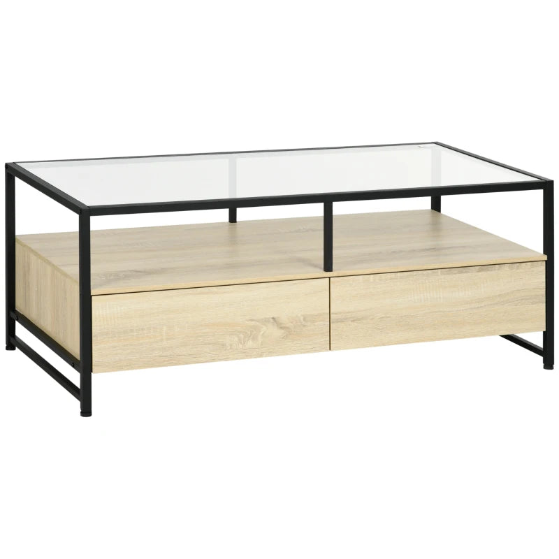 Nancy's Bellamonte Salontafel - Koffietafel - Zwart / Eiken / Transparant - ± 120 x 60 x 45 cm