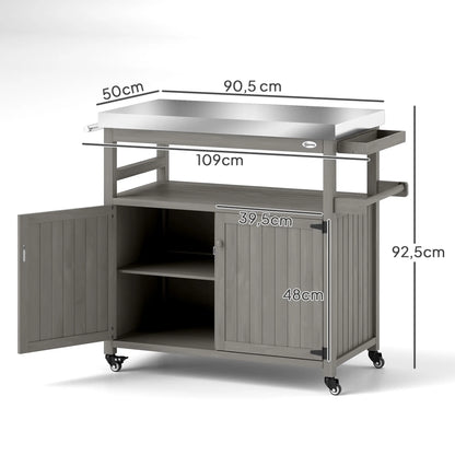 Nancy's Cisano Serveerwagen - Barbecuetrolley - Trolley voor buiten - Grijs - RVS / Dennenhout - ± 110 x 50 x 90 cm