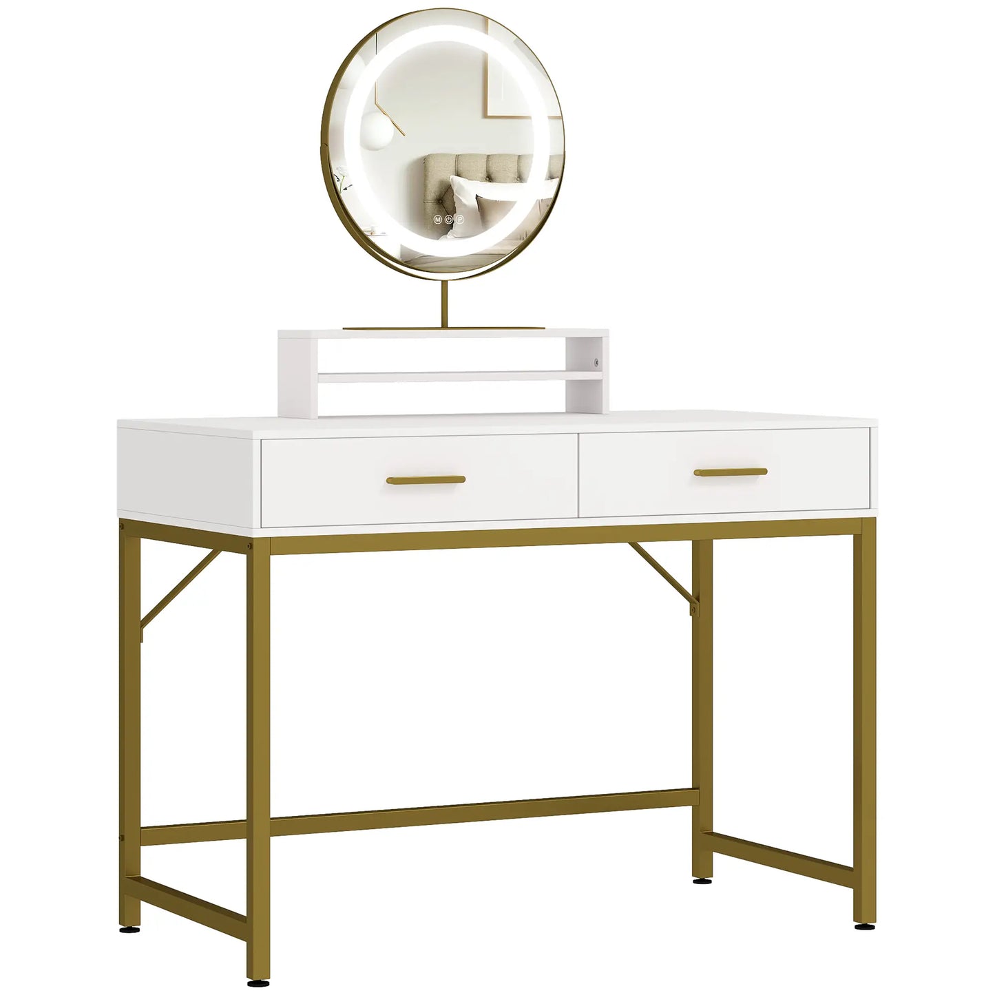 Nancy's Azinhage Kaptafel - Make Up Tafel Met Spiegel en Verlichting - Wit / Goud - ± 100 x 50 x 140 cm