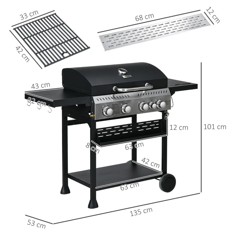 Nancy's Paradela Barbecue - BBQ - Grill - Gas Barbecue - Met 4 Branders en 1 Zijbrander - Staal - Zwart