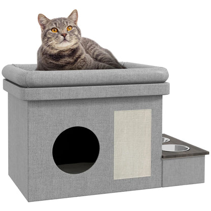 Nancy's Rosario Kattenbed - Kattenhuis - Met Voerbakken & Krabpad - Grijs / Wit - ± 80 x 50 x 50 cm