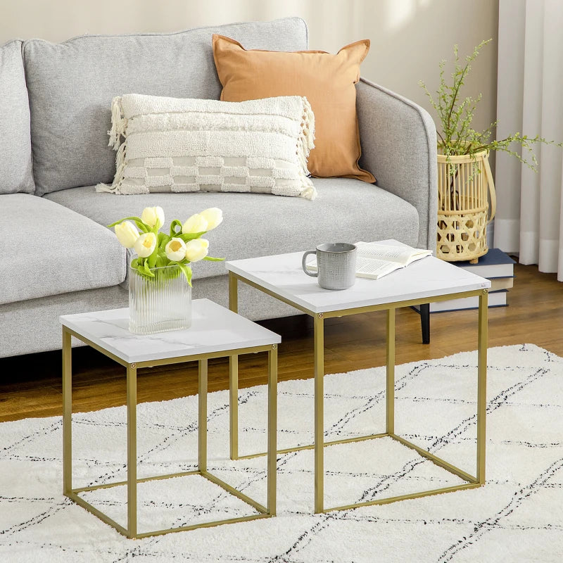 Nancy's Pensalvos Coffee Table Set - Coffee Table - Side Tables - White / Gold - Marble Look - Steel