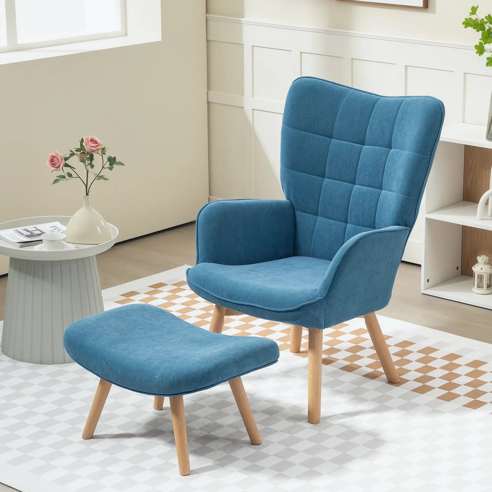 Nancy's Meirinhas Relaxfauteuil met Hocker - Relaxstoel - Loungestoel - Blauw - Ribfluweel