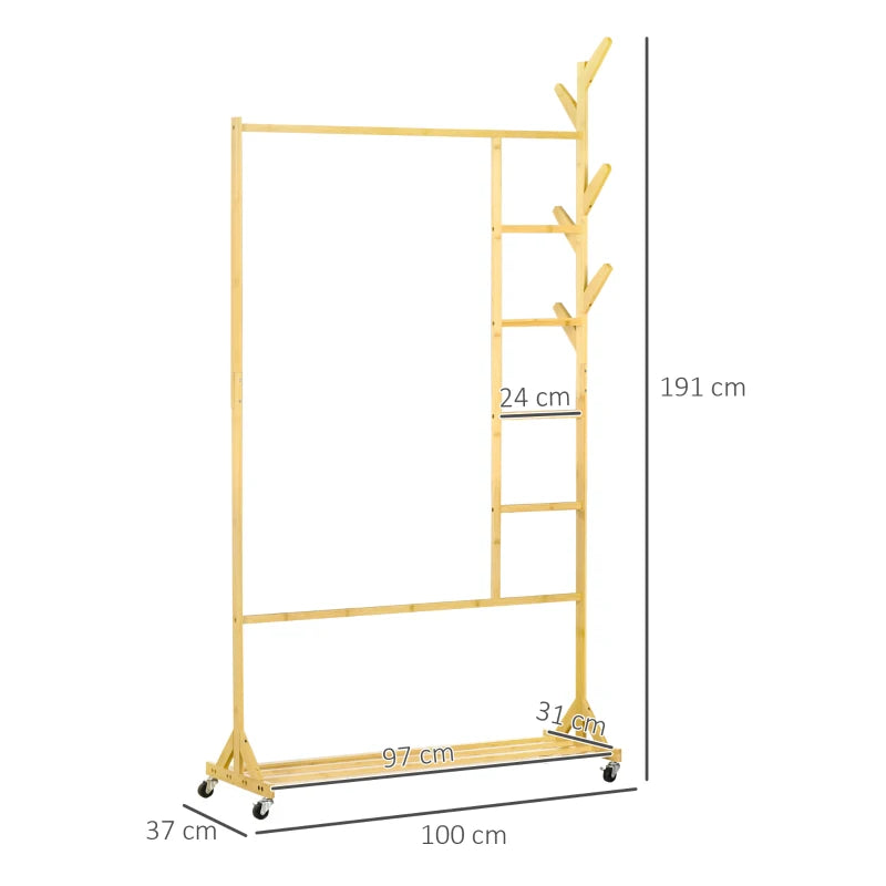 Nancy's Aritzo Kledingrek Met Schoenenrek - Multifunctioneel - Verrijdbaar - Natuurlijk Bamboe - ± 100 x 35 x 190 cm