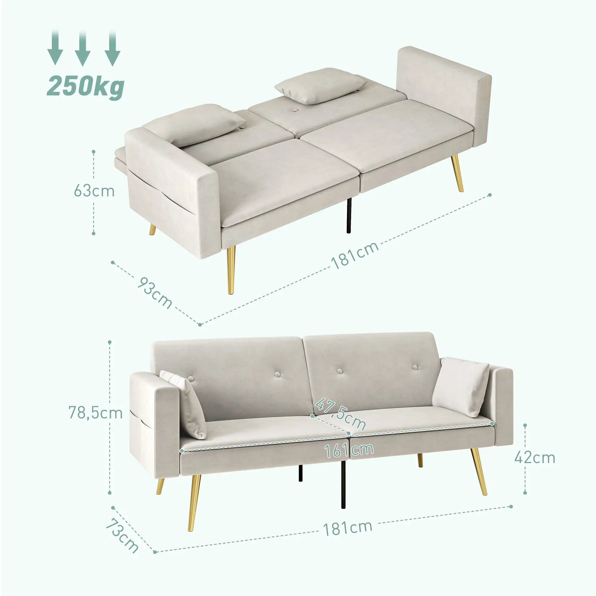 Nancy's Bensafrim 2-Zits bank - Opvouwbare Slaapbank - Beige - Fluweellook - ± 180 x 75 x 80 cm