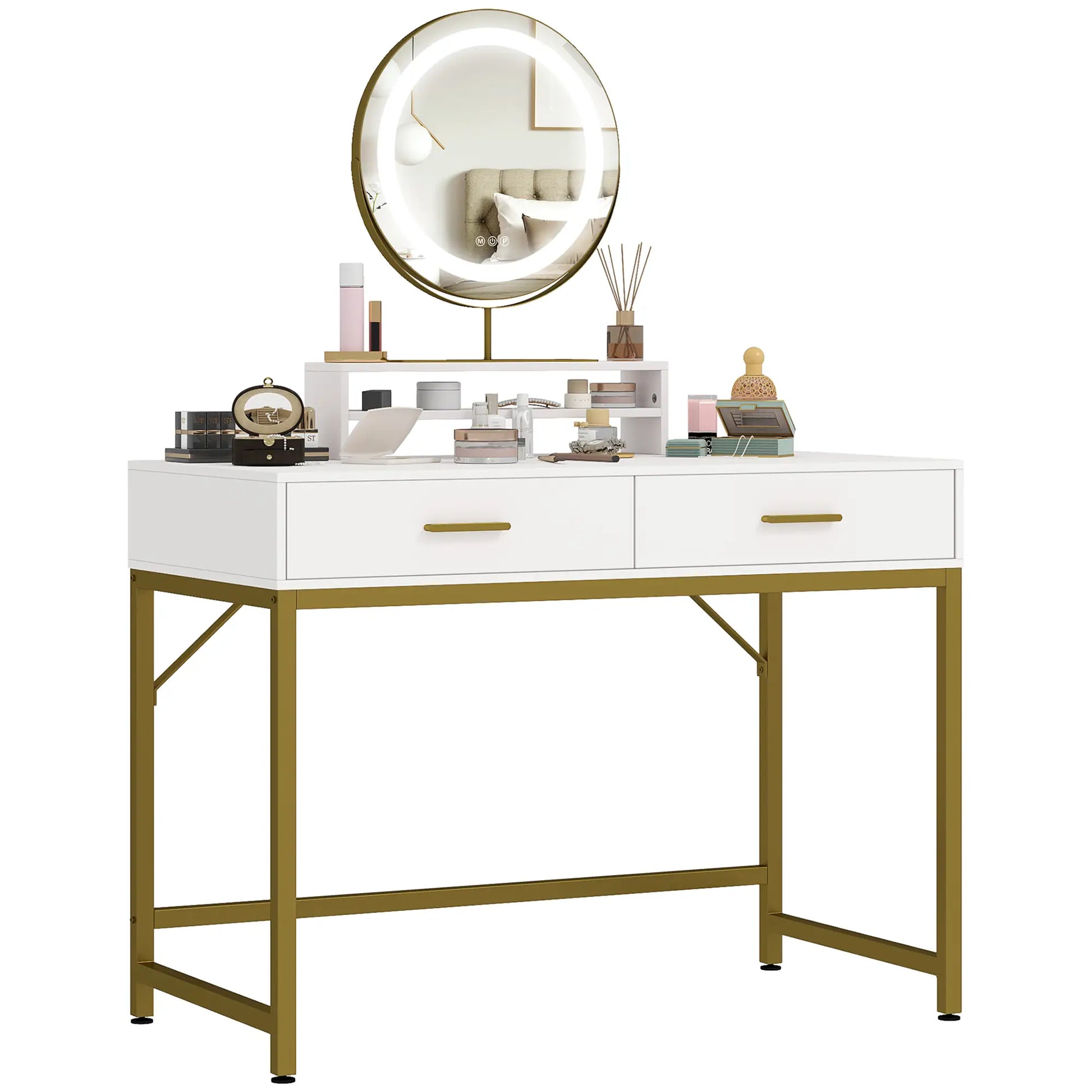 Nancy's Azinhage Kaptafel - Make Up Tafel Met Spiegel en Verlichting - Wit / Goud - ± 100 x 50 x 140 cm