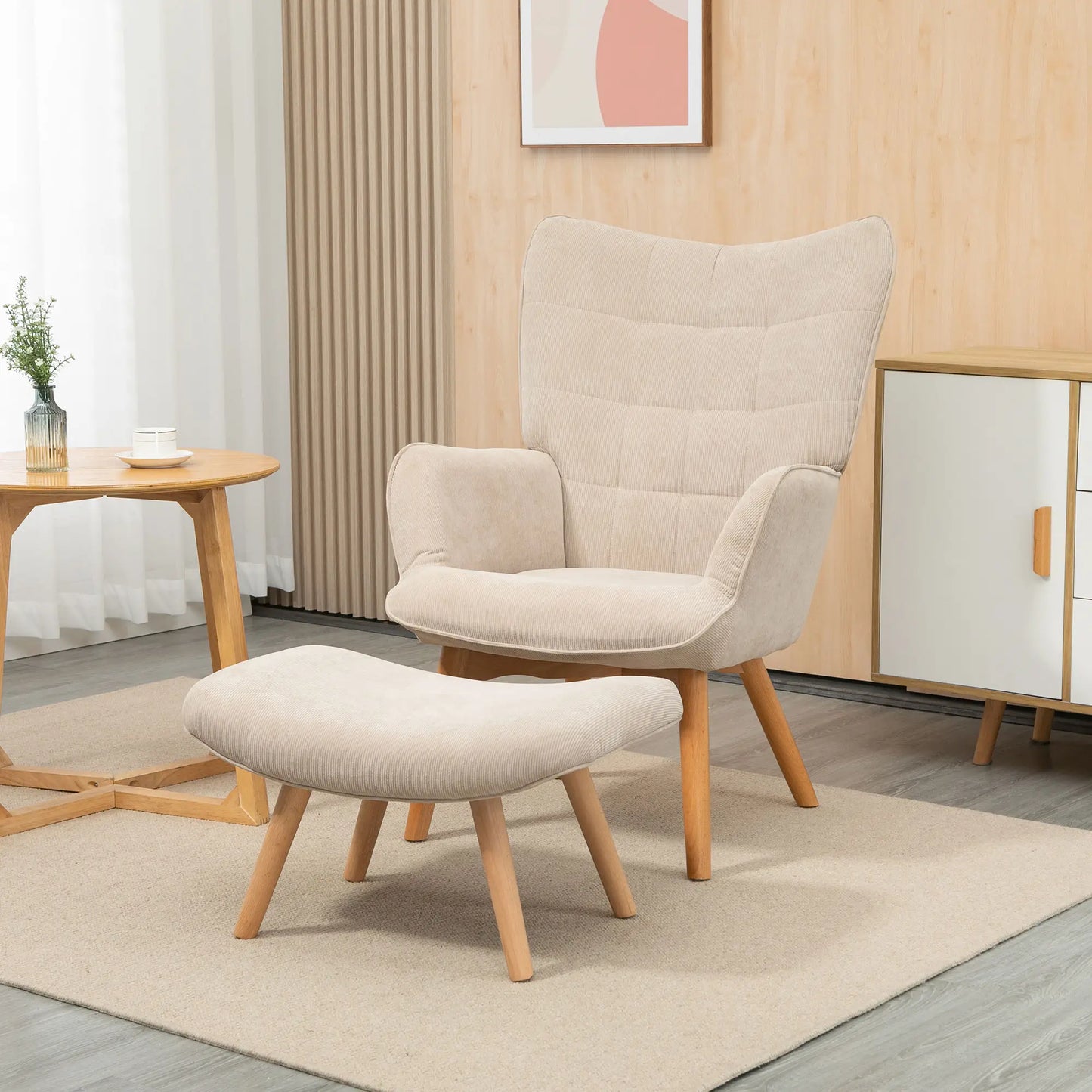 Nancy's Louriçal Relaxfauteuil met Hocker - Relaxstoel - Loungestoel - Beige - Ribfluweel