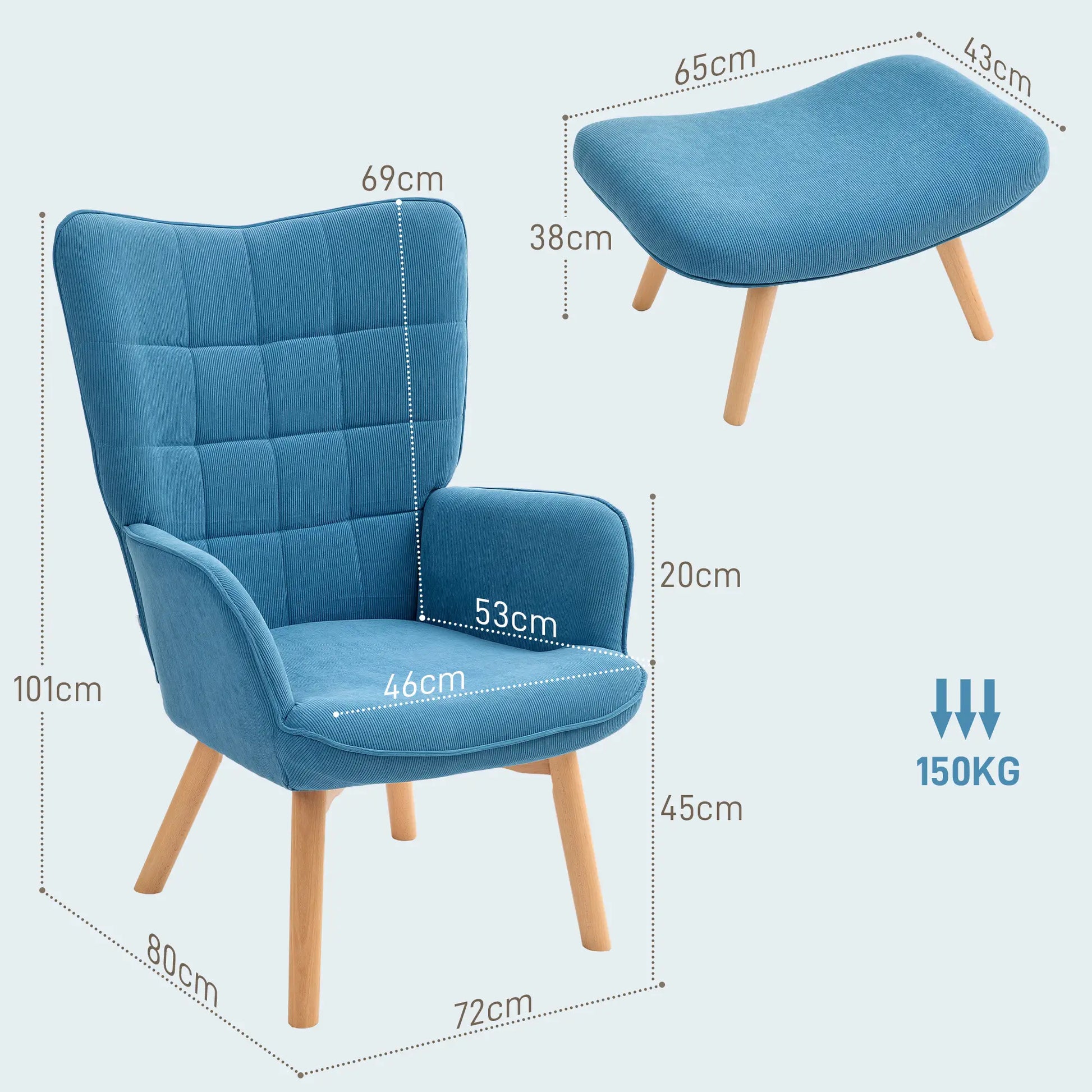 Nancy's Meirinhas Relaxfauteuil met Hocker - Relaxstoel - Loungestoel - Blauw - Ribfluweel