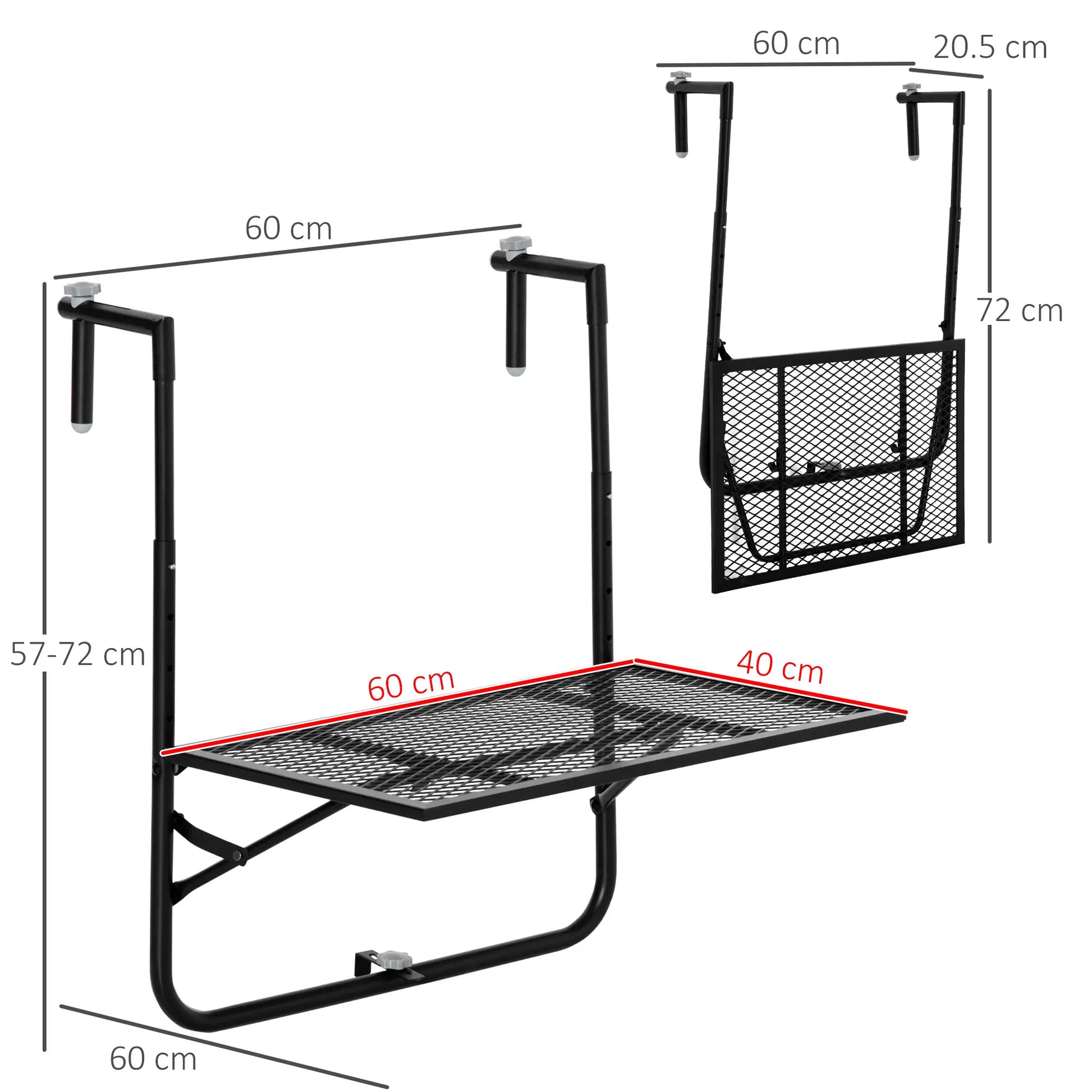 Nancy's Cótimos Balkontafel - Balkonhangtafel - Balkonbar - Verstelbaar - Zwart - Staal - ± 60 x 60 x 57/72 cm