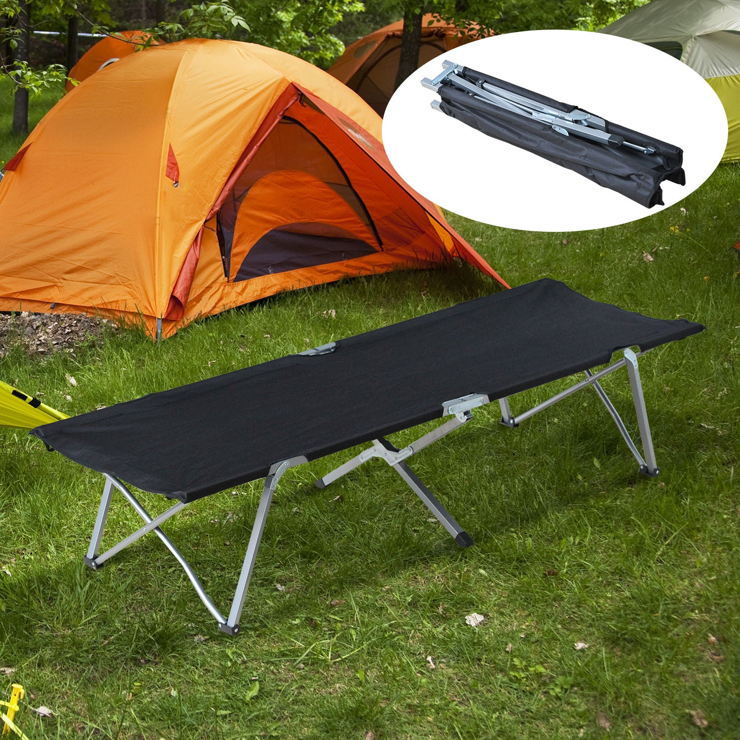 Nancy's Chan Pond Campingbed - Stretcher - Kampeerbed - Met Draagtas - Zwart / Zilver ± 195 x 65 x 40 cm