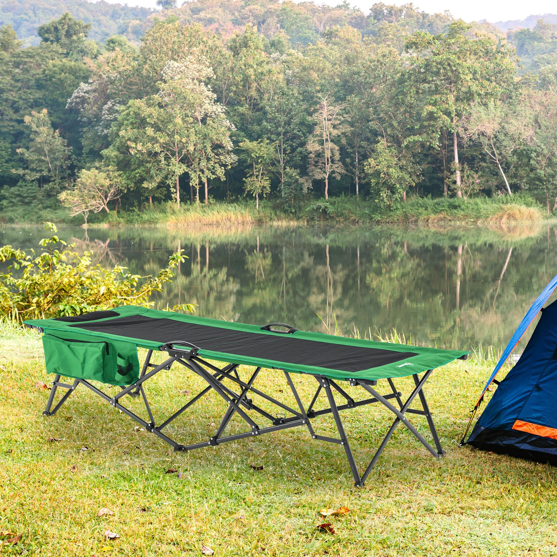 Nancy's Aceys Lake Campingbedje Opvouwbaar met Zijvak Drinkhouder Belastbaar tot 136 kg Staal Oxford Groen+Zwart