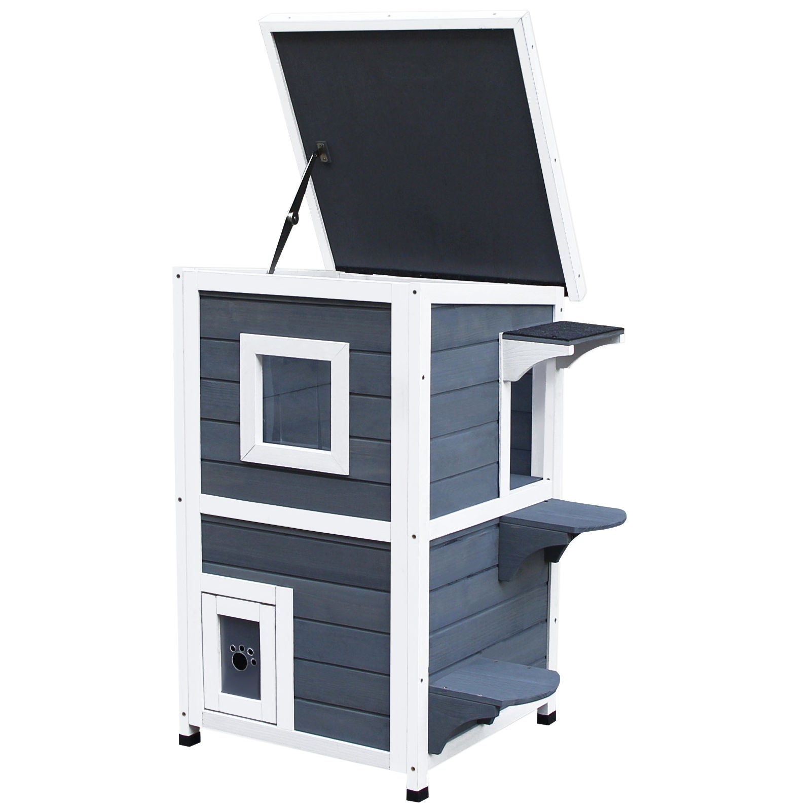 Nancy's Anglin Bay Cat House - Cat Villa - Cat Cave - 2 Floors - Grey / White - Pine Wood - ± 50 x 50 x 80 cm