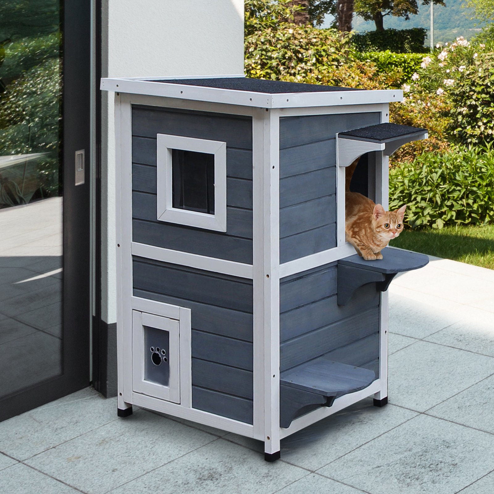 Nancy's Anglin Bay Kattenhuis - Kattenvilla - Kattengrot - 2 Verdiepingen - Grijs / Wit - Dennenhout - ± 50 x 50 x 80 cm