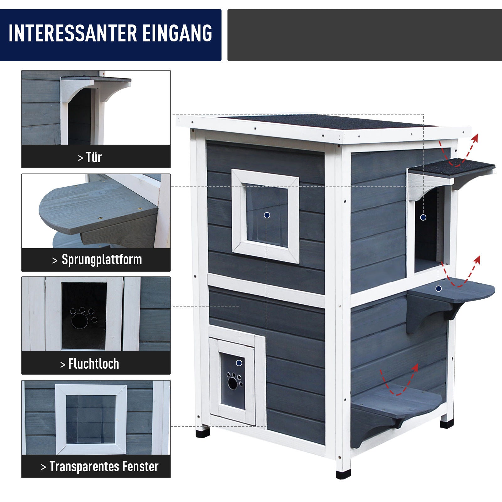 Nancy's Anglin Bay Kattenhuis - Kattenvilla - Kattengrot - 2 Verdiepingen - Grijs / Wit - Dennenhout - ± 50 x 50 x 80 cm