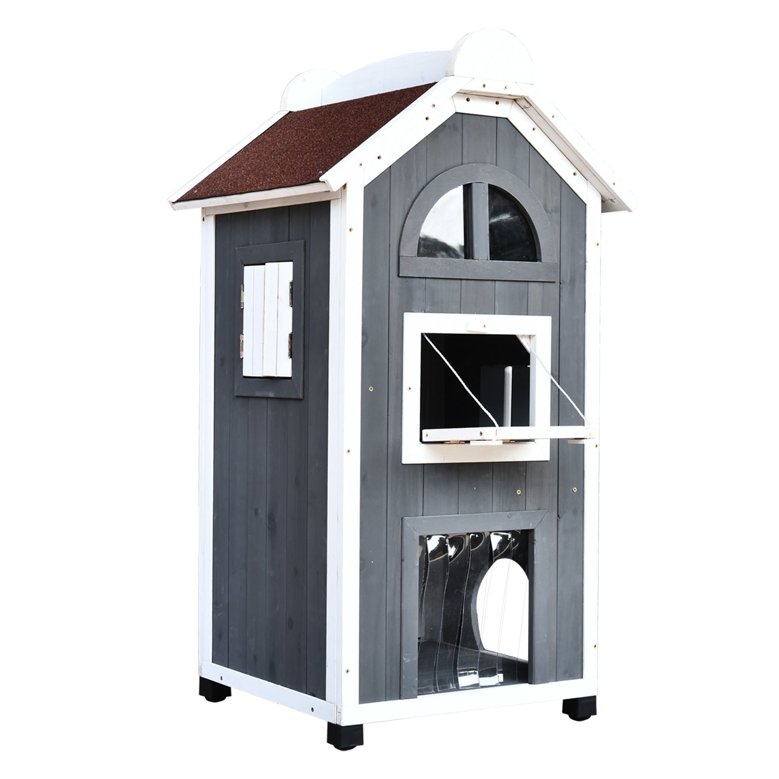 Nancy's Anglo Pond Kattenhuis - Kattenvilla - Kattenverblijf - Grijs - Dennenhout - ± 60 x 55 x 110 cm