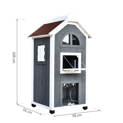 Nancy's Anglo Pond Kattenhuis - Kattenvilla - Kattenverblijf - Grijs - Dennenhout - ± 60 x 55 x 110 cm