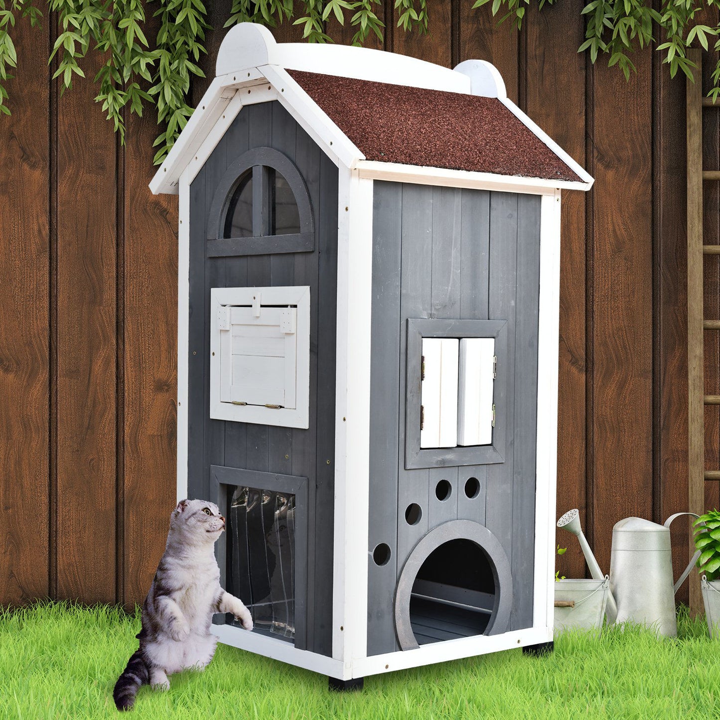 Nancy's Anglo Pond Kattenhuis - Kattenvilla - Kattenverblijf - Grijs - Dennenhout - ± 60 x 55 x 110 cm