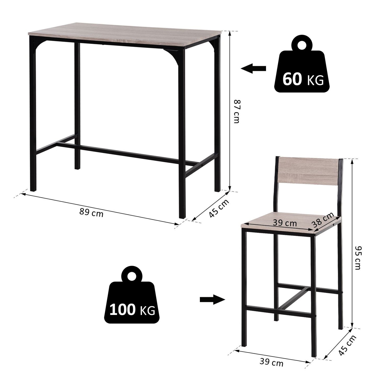 Nancy's Annapolis Barset - Bartafel Set - 3-delige Set - Naturel / Zwart - MDF / Staal