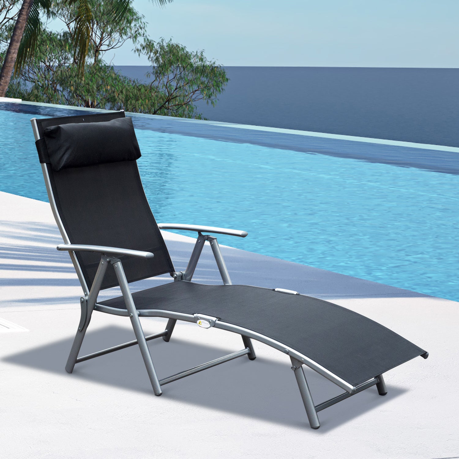 Nancy's Vaughn Lounger - Chaise pliante - Chaise de plage - Coussin - Pliable - Réglable - Accoudoirs - Noir - Argent