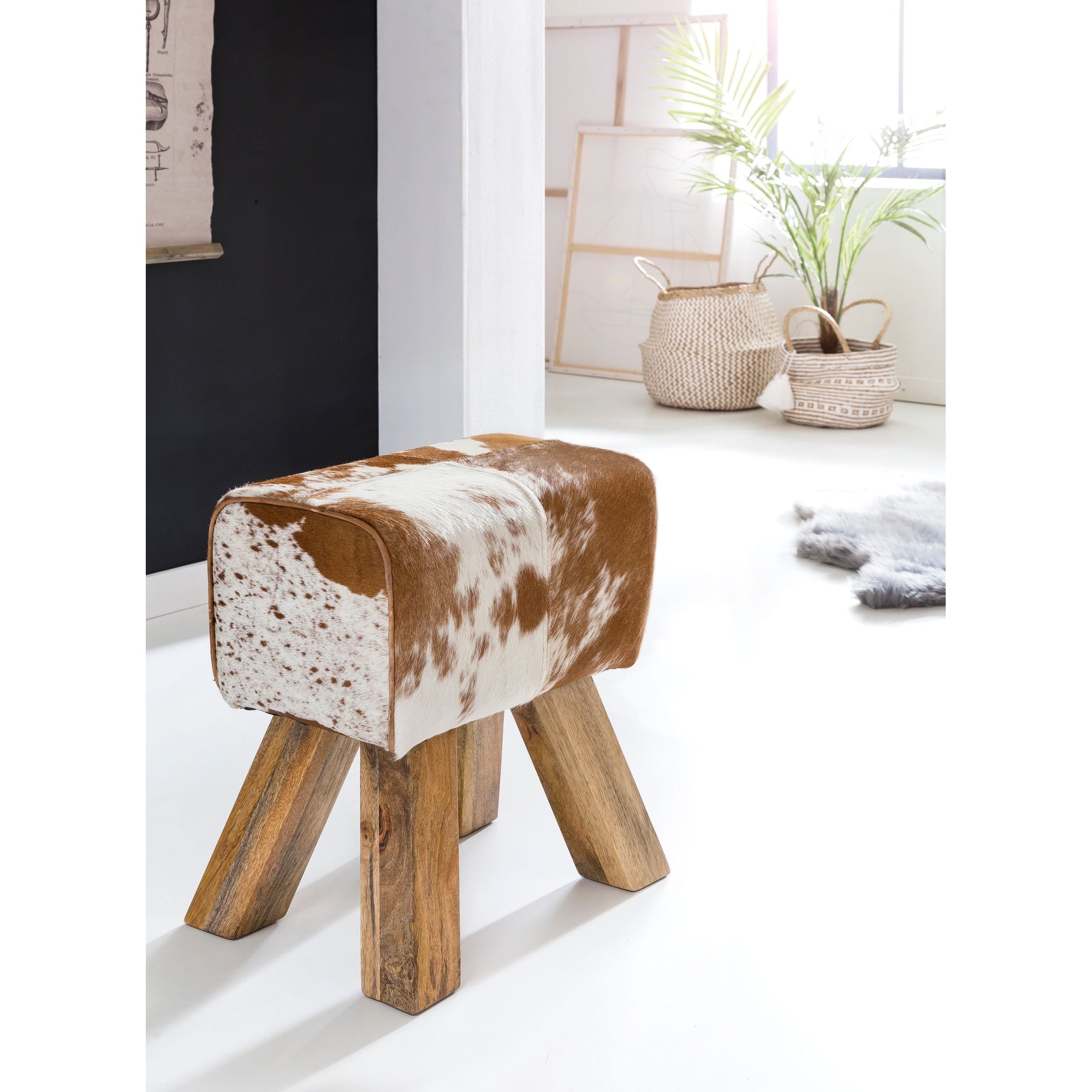 Nancy's Houghton Kruk - Poef - Hocker - Geitenleer - Mangohout - Bruin/Wit - ± 30 x 40 x 50 cm