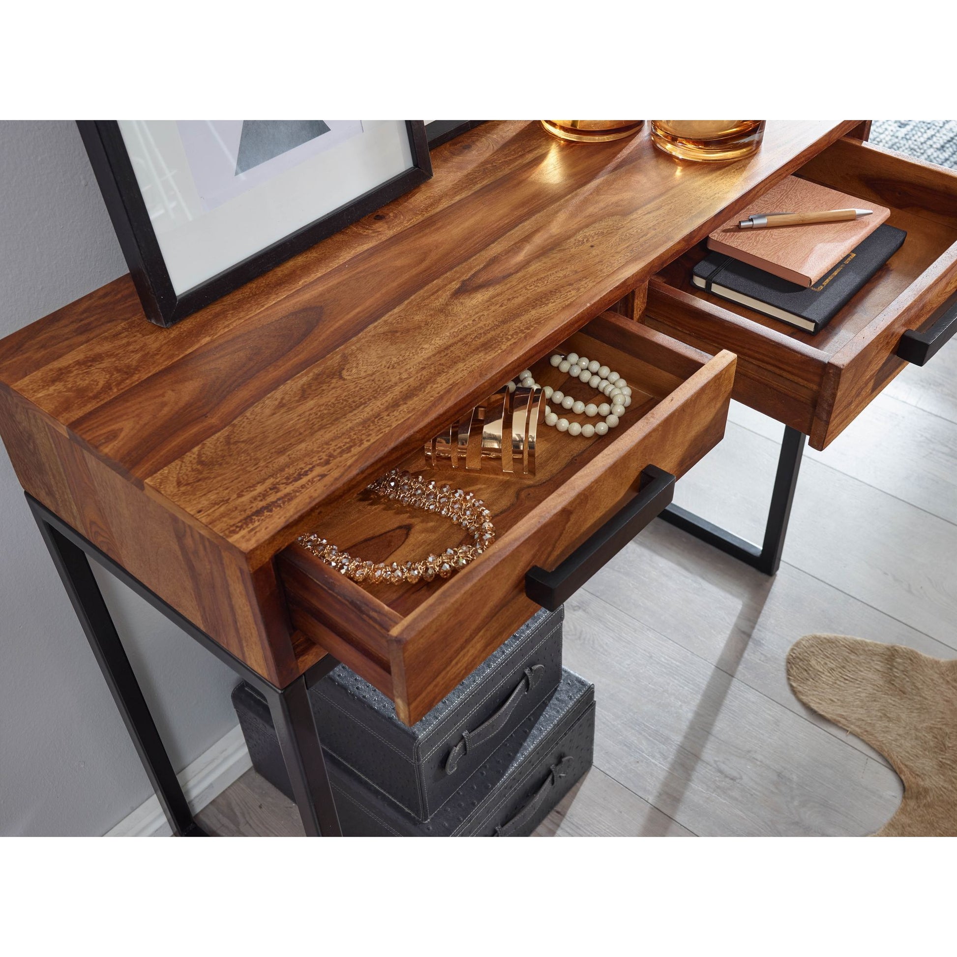 Nancy's Everett Consoletafel - Massief Hout - Sheesham Hout - Gangtafel - Smal Bureau - Hal Tafel - Ladekast - Bruin - Zwart - 90 cm