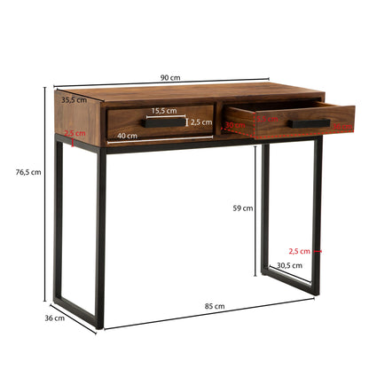 Nancy's Everett Consoletafel - Massief Hout - Sheesham Hout - Gangtafel - Smal Bureau - Hal Tafel - Ladekast - Bruin - Zwart - 90 cm