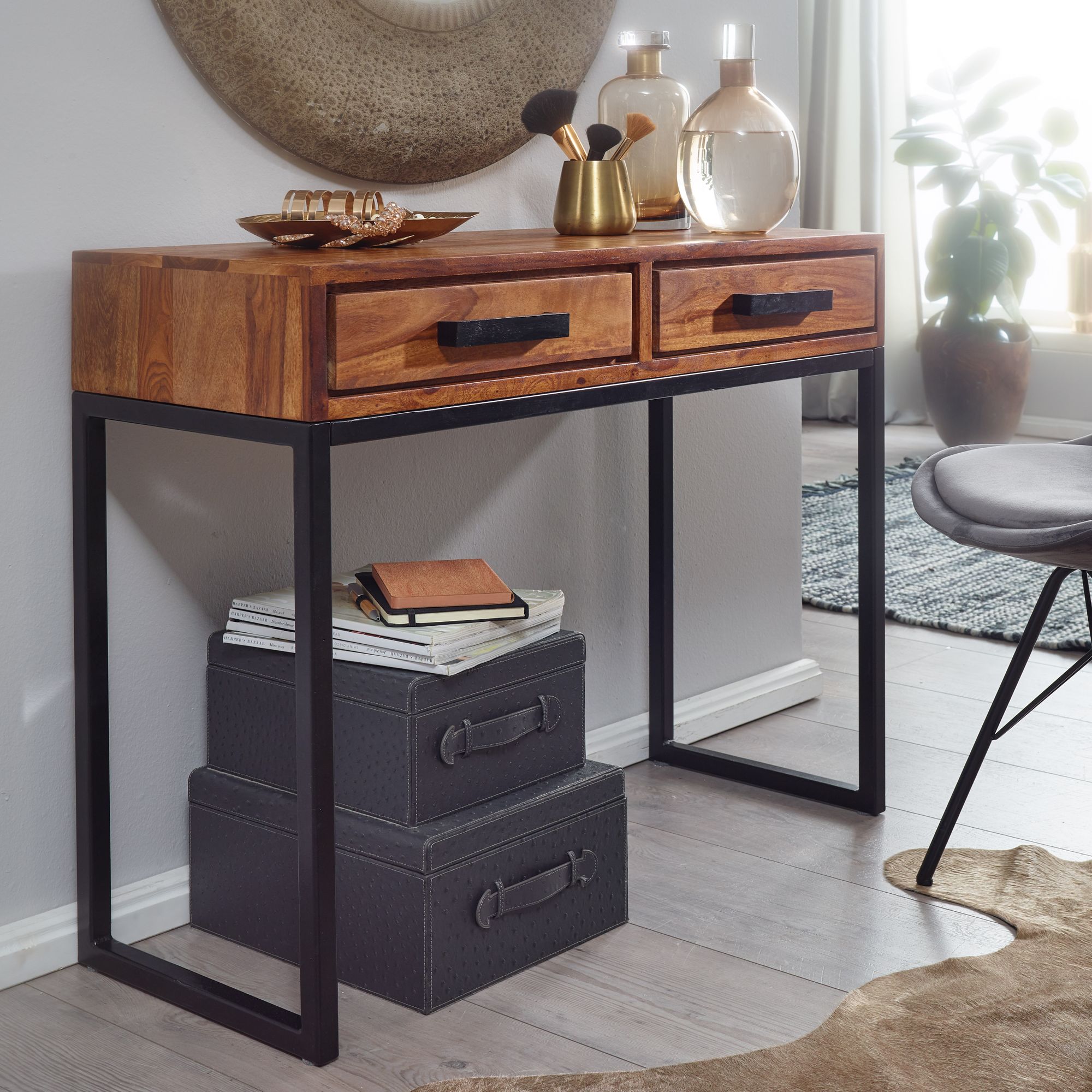 Nancy's Everett Console Table - Solid Wood - Sheesham Wood - Hall Table - Narrow Desk - Hall Table - Chest of Drawers - Brown - Black - 90 cm