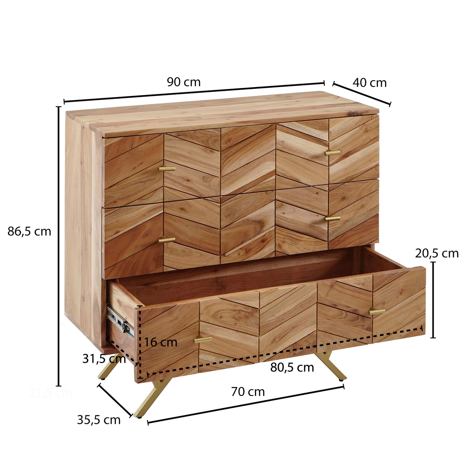 Nancy's Yonkers Dressoir - Massief Houten Acacia - Metaal - Ladekast - 3 Lades - 90 x 86.5 x 40 cm - Bruin