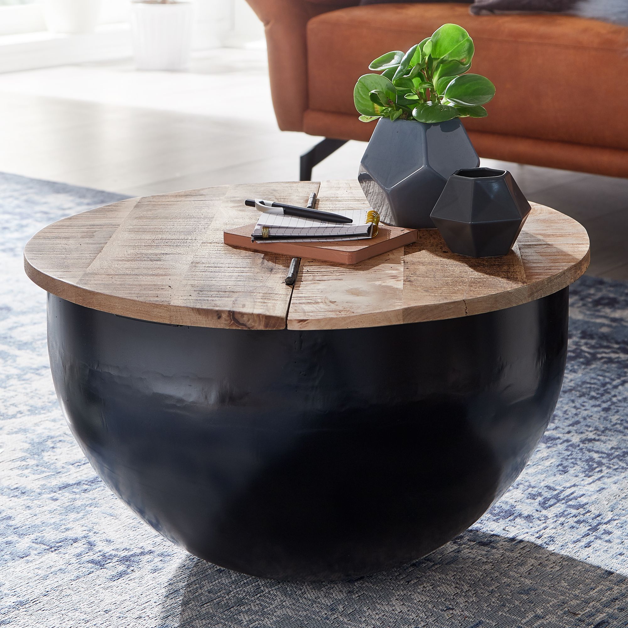 Table basse Nancy's Pembina - Espace de rangement - Table basse - Table d'appoint - Ronde - Noir - Marron - Bois de manguier - Métal - 60 x 60 x 34 cm