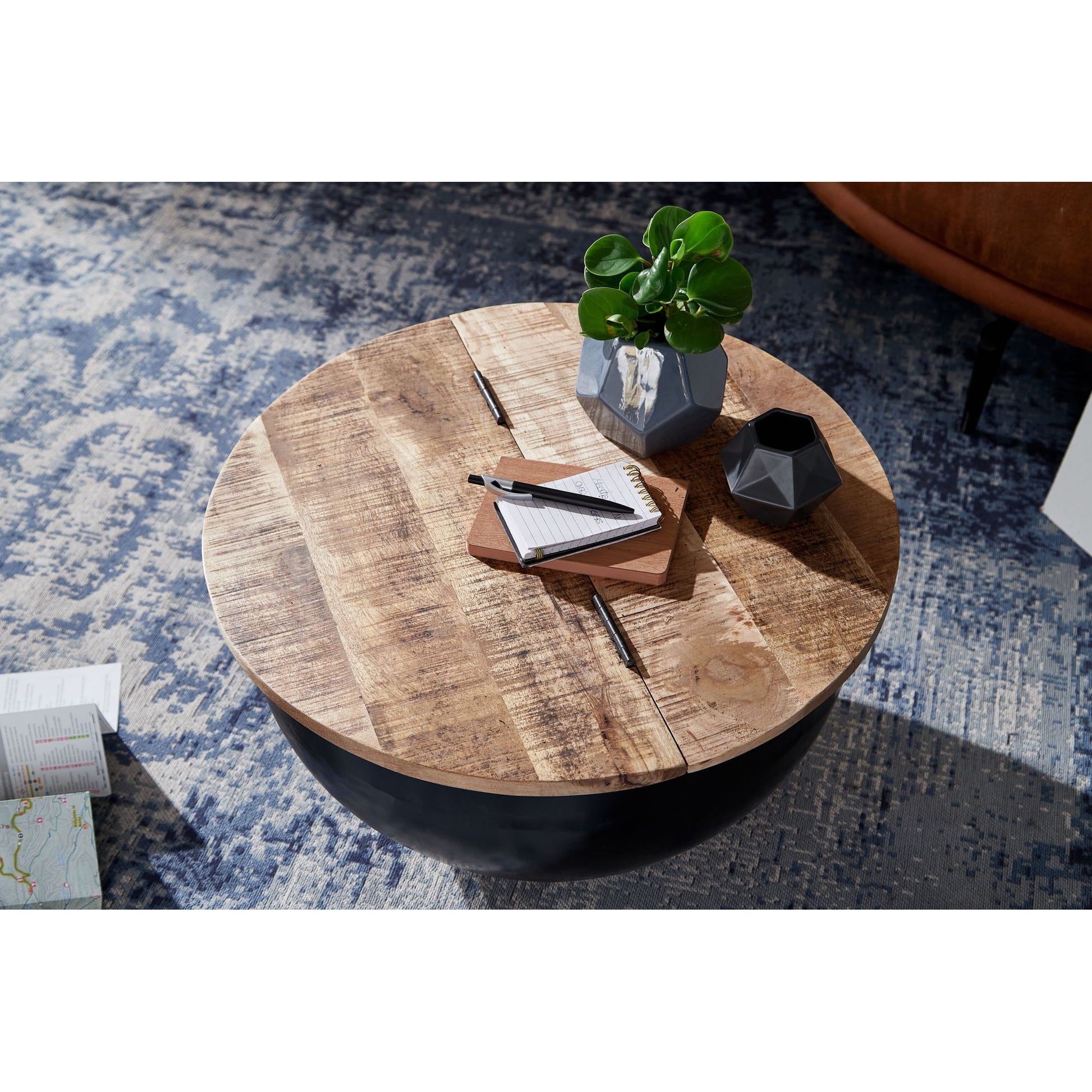 Nancy's Pembina Salontafel - Koffietafel - Bijzettafel - Bruin / Zwart - Gerecycled Massief Mangohout / Staal - ± Ø 60 x 35 cm