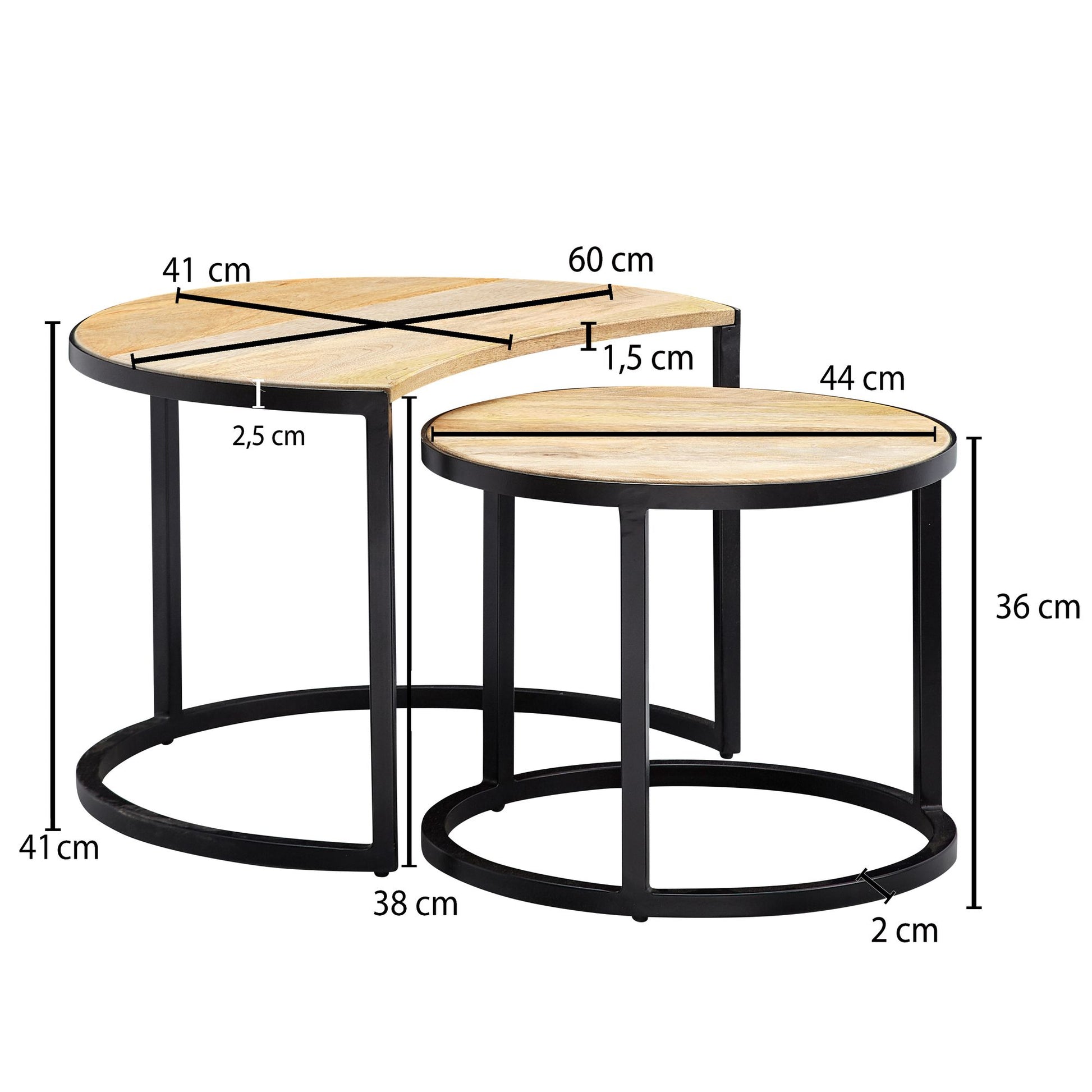 Nancy's Zuni Salontafels - Set Van 2 - Koffietafels - Ronde Tafels - Lichtbruin - Massief Mangohout / Staal